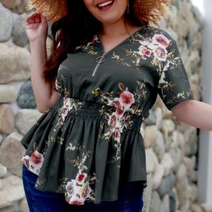 Gray Floral Boho V-neck Plus Size Blouse